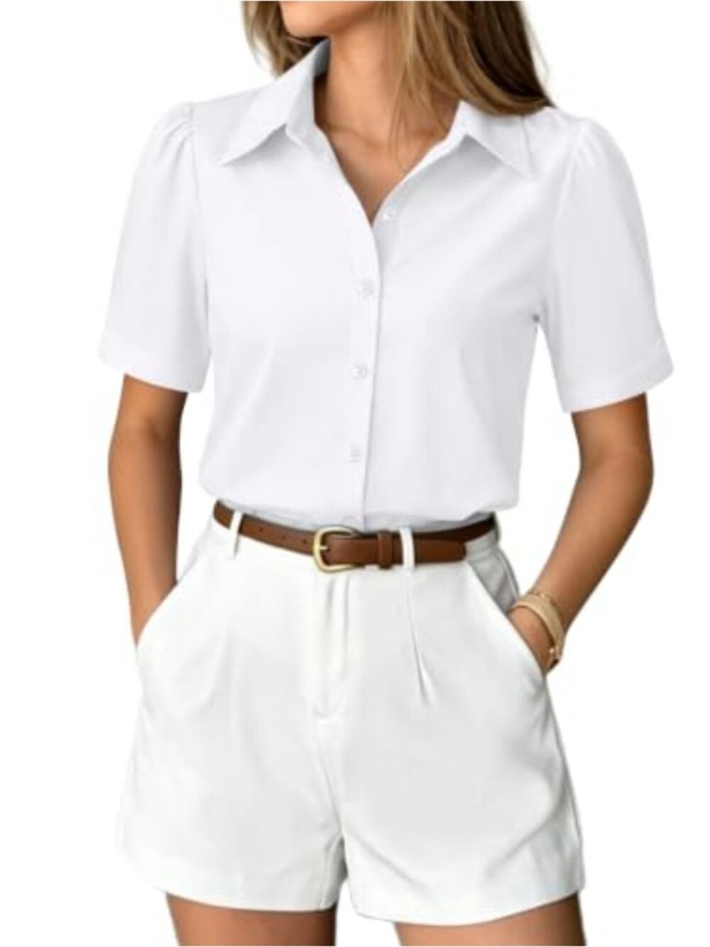 Women's Button Down Shirt Puff Short Sleeve Fitted Blouse Work Business Top